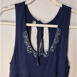 Navy LOFT Dress Sz L Jeweled neckline Ribbon ties on back low cut back